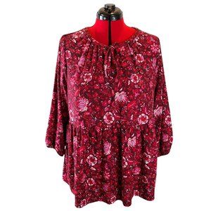 Lane Bryant Red Floral Peasant Style 3/4 Sleeve Tee EUC Size 18/20